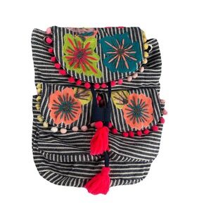 America & Beyond Backpack Embellished Bohemian Blue Stripe Great Condition 16x14